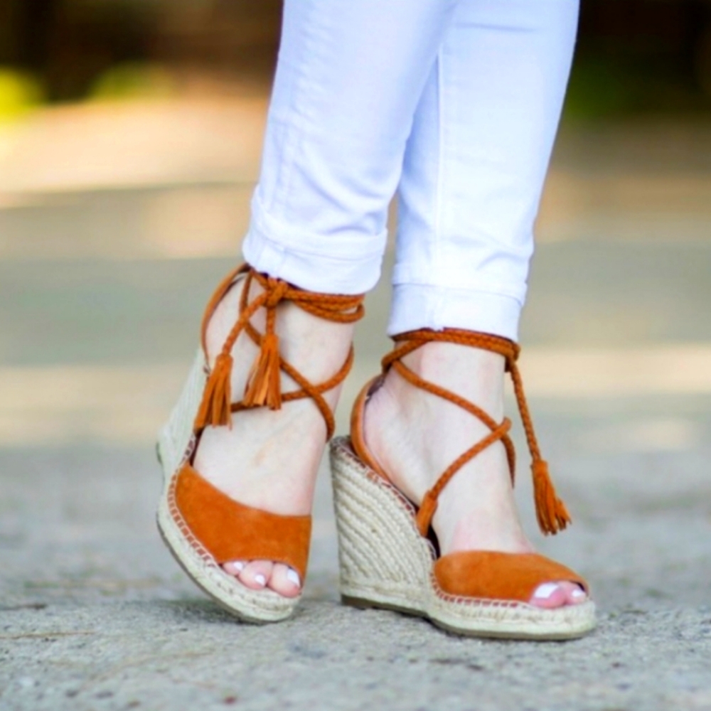 Joie light brown Phyllis suede leather wedge espadrille tie up sandals size 36 w